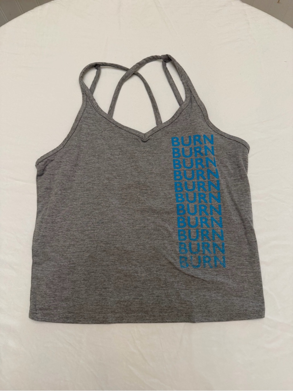Gray Strappy Tank Top with Blue 'BURN' Graphic